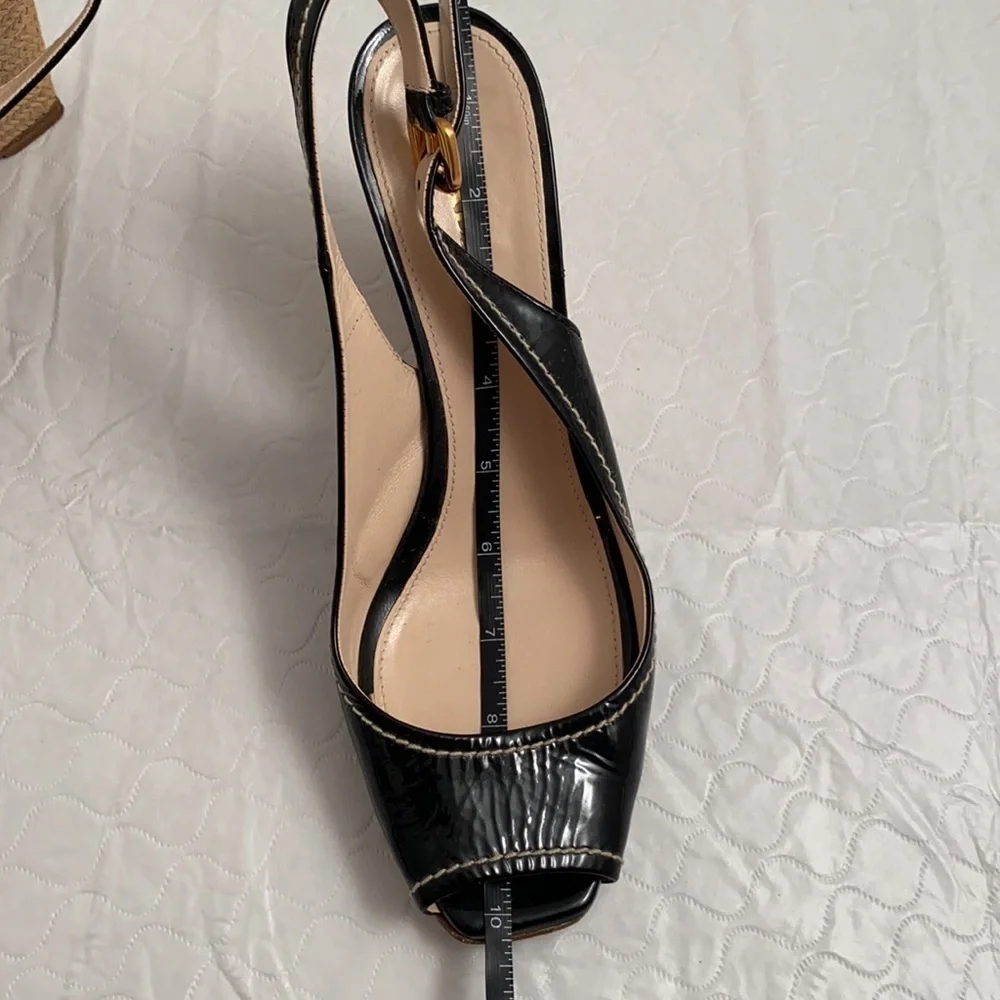 Prada open toe patent leather espadrille wedges